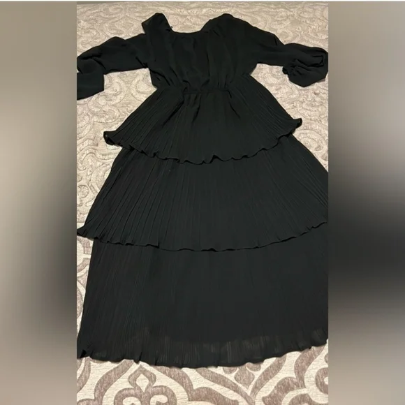 Xisoxu Black Chiffon Tiered Long Sleeve Flowy Cocktail Dress NWOT Small - Picture 4 of 5